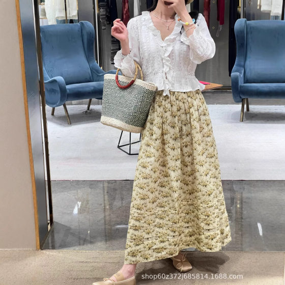 Spring and Summer 2025 New DO Niche French Retro Pastoral Style Yellow Floral Print Skirt Layer Hem High Waist Skirt