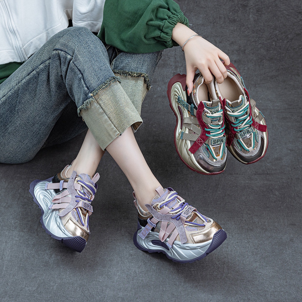 Spring and Autumn High-End European Color Dad Shoes for Women Popular Trendy Cool Genuine Leather Retro Shoes Thick-Soled Sports and Casual Women's Shoes