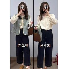 秋季穿搭一整套高级感港味复古牛仔马甲外套别致小衫牛仔裤三件套