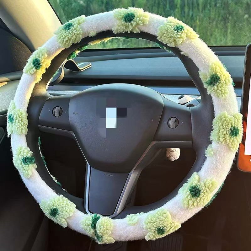 汽车方向盘套冬天短绒女车把套保暖提花毛绒花朵冬季高档把套