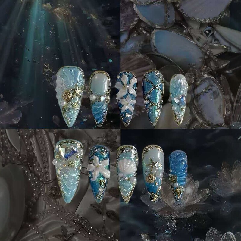 European and American handmade three-dimensional ocean-themed press-on nails with blue shells, pearls, starfish, and carved patterns in a long pointed style European and American handmade three-dimensional ocean-themed press-on nails with blue shells, pearls, starfish, and carved patterns in a long pointed style