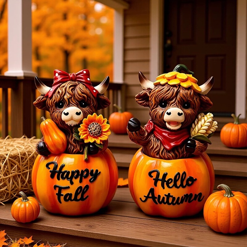 Cross-Border Popular Creative Resin Highland Cow Pumpkin Ornament, Desktop Home Autumn Decoration, Cute Gift
