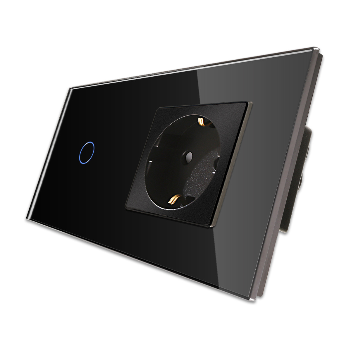 黑色1G触摸可控硅开关带德式插座欧式插座玻璃平板带接地俄罗斯