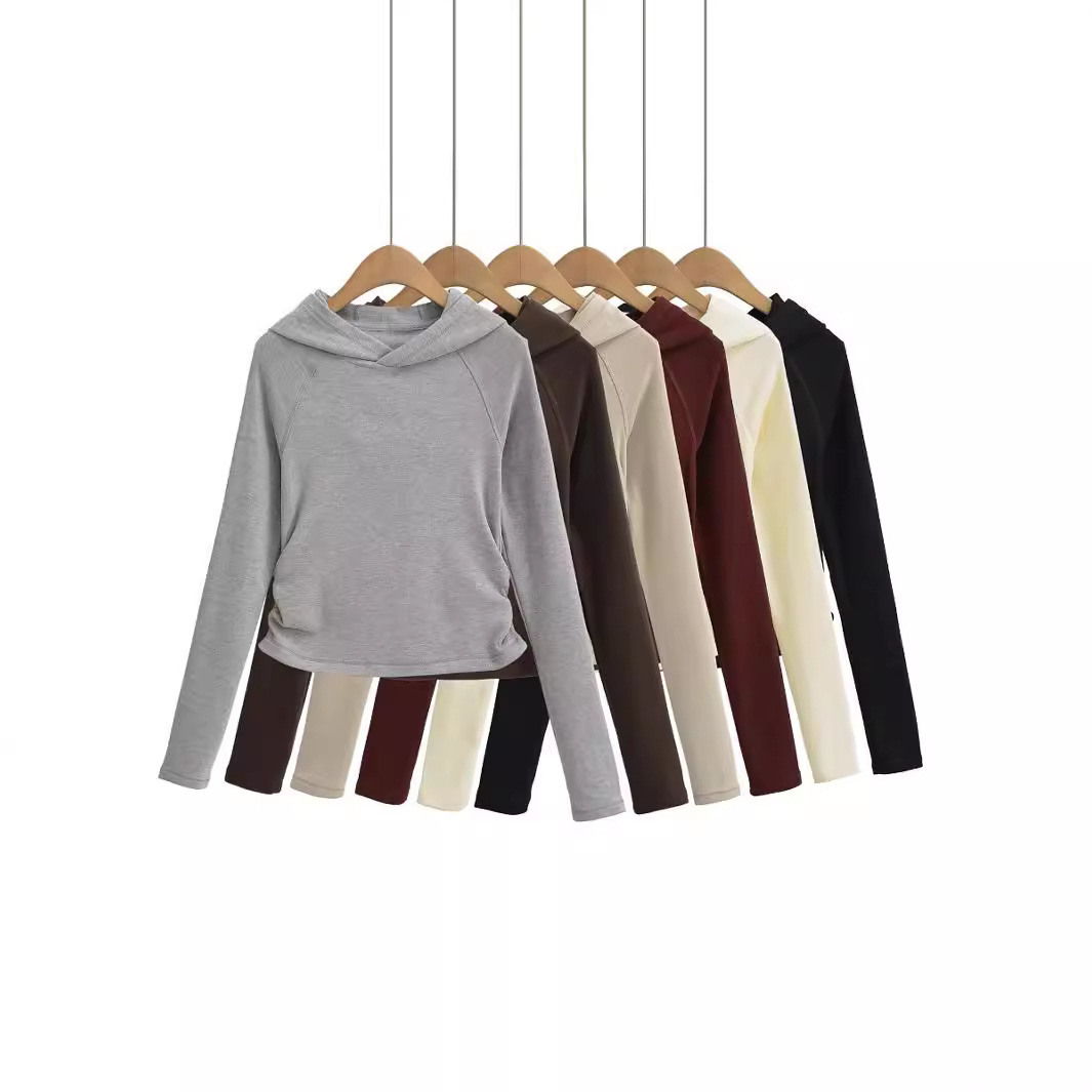 2024秋冬新款亲肤纯色长袖连帽套头上衣短款修身时尚女士卫衣外套