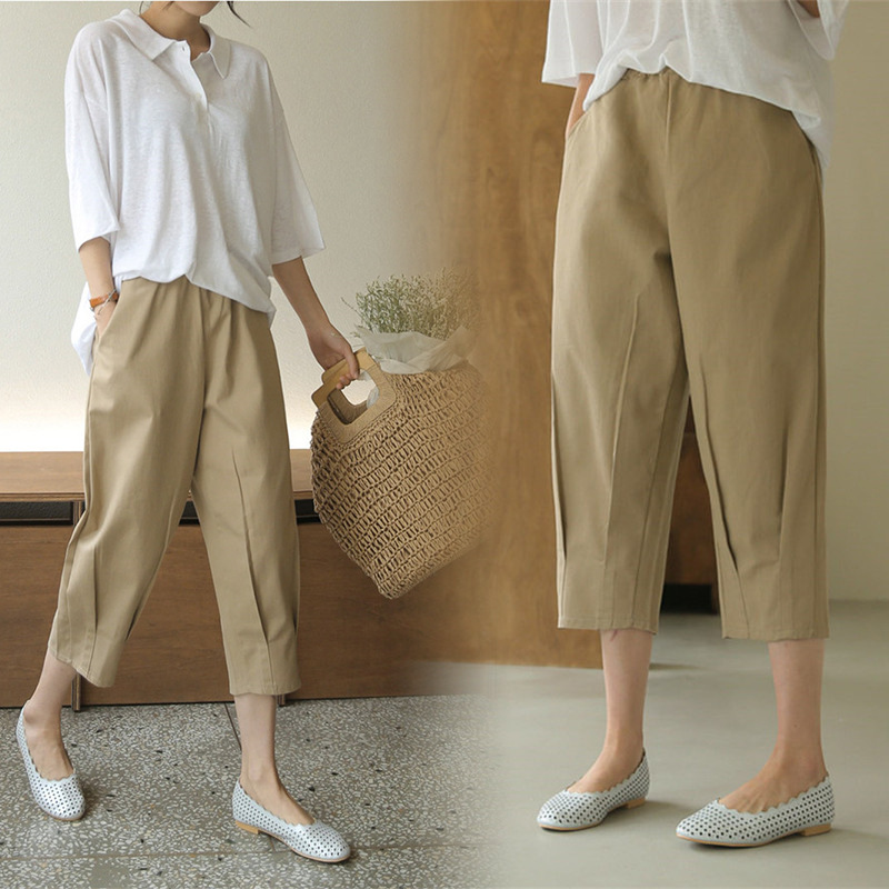 6352# New Summer high waist cropped harem pants women's Japanese casual loose plus size cotton and linen breathable radish pants