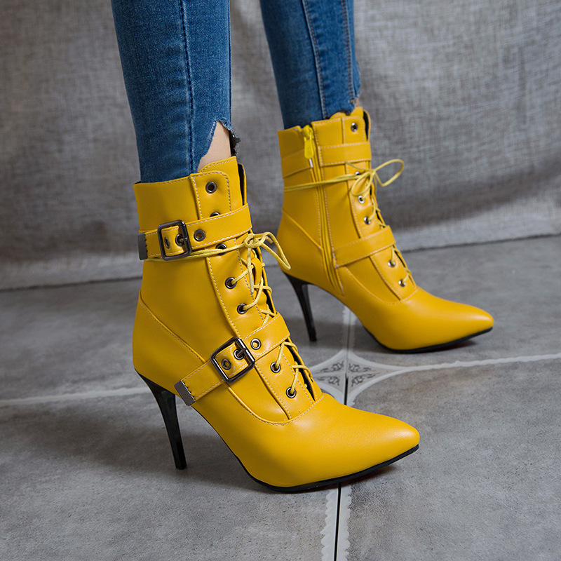 European and American Large Size 50 Autumn and Winter Mid-Calf Boots Women's Modern Pointed Toe Stiletto Boots Women's Side Zipper Lace-Up Ankle Boots