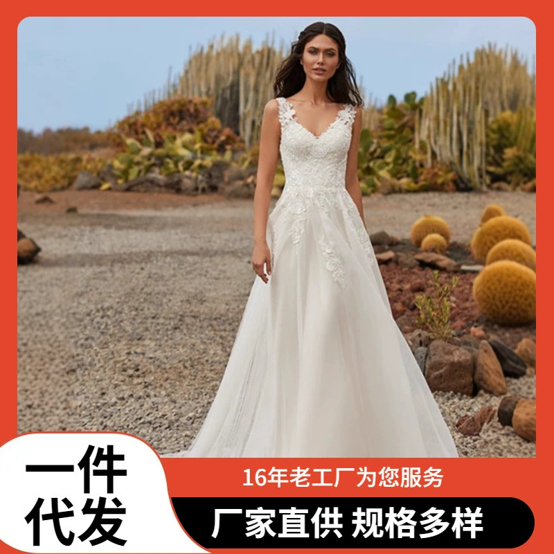 2025 внешнеторговое трансграничное свадебное платье длинное элегантное кружевное аппликация шифон свадебное платье плюс размер женская одежда