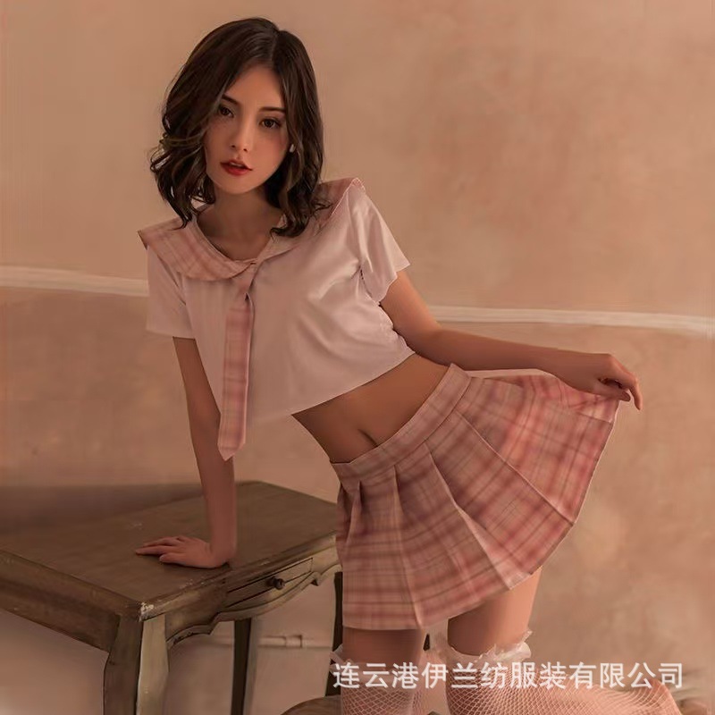 Japanese Academy Student Role-Play Costume Set with Plaid Mini Skirt and Fishnet Stockings — detail image 2
