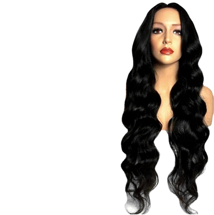 Peluca de moda europea y americana Peluca de seda de alta temperatura onda grande negro medio largo pelo rizado de fibra química peluca cabeza cubierta