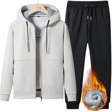 2024跨境冬季运动服套装休闲男士加绒加厚羊羔绒运动两件套宽松男