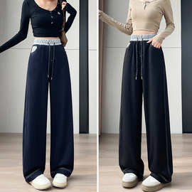 春款刺绣牛仔直筒裤女春秋薄款高腰显瘦垂感休闲裤拼色窄版阔腿裤