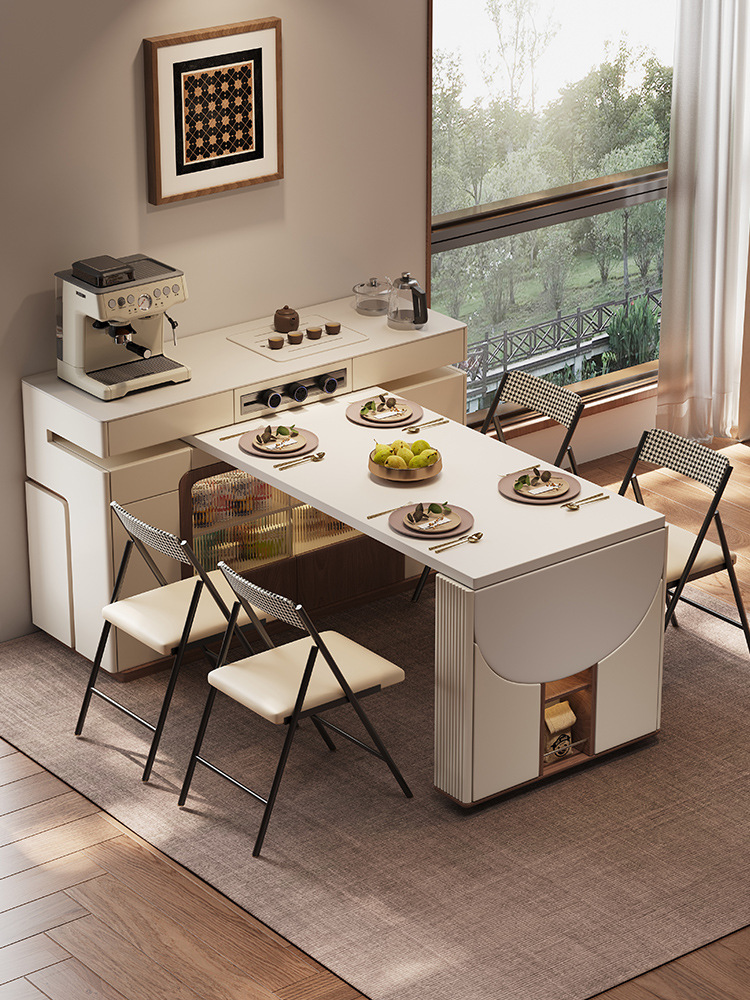 Rotating Island Countertop for Small Spaces, Multifunctional Solid Wood Extendable Dining Table, Sideboard, and Bar Counter All-In-One for Home Use