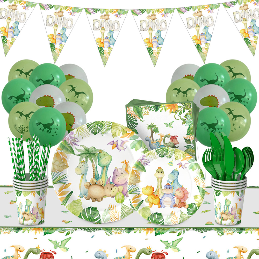 Venta caliente acuarela tema de dinosaurio juego de vajilla de fiesta para niños cumpleaños bandeja de papel taza de papel mantel suministros de decoración