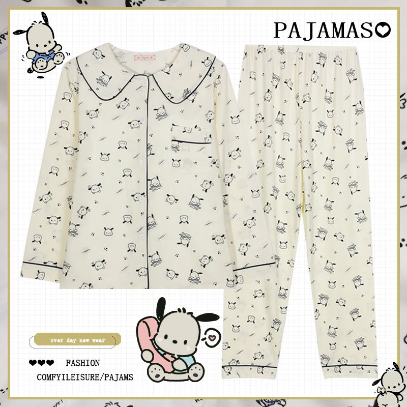 Pijamas a cuadros de algodón para mujer primavera y otoño 2025 nuevo estilo lindo traje de servicio a domicilio de manga larga de perro de pudín estilo ins