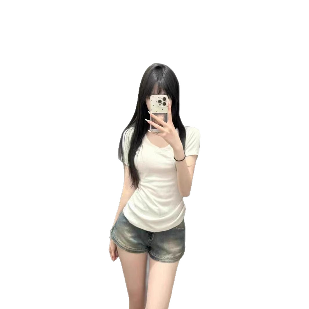 여성 브이넥 슬림핏 반팔 티셔츠 여름 무지 데일리 기본티