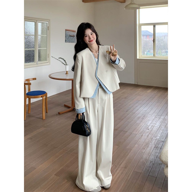 假两件西装阔腿裤套装女春秋2025新款两件套韩系休闲百搭ootd穿搭|undefined