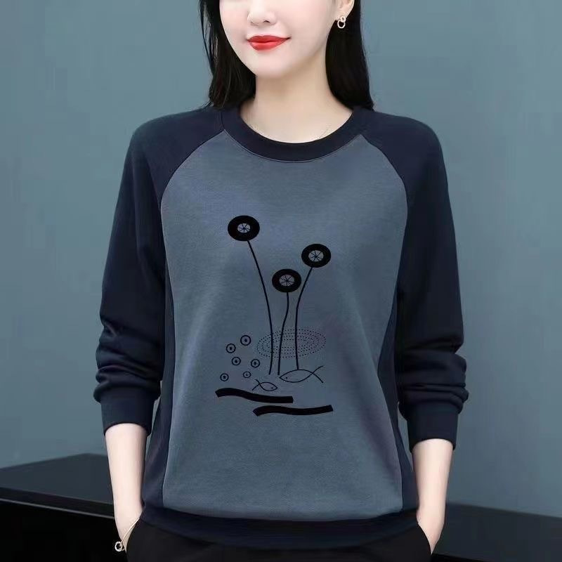 中年妈妈纯棉女春秋新款宽松大码显瘦洋气休闲长袖T恤上衣打底衫
