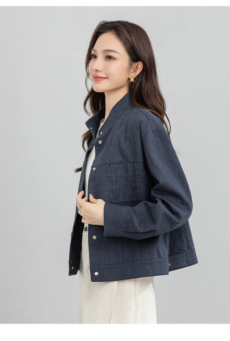 Áo khoác nữ dáng dài cổ đứng tay dài phong cách Hàn Quốc chất liệu ramie cotton thoáng mát — Xám xanh chi tiết 18
