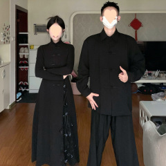 2025 autumn couple outfit new Chinese style butterfly mesh splicing dress autumn high-end button-up shirt