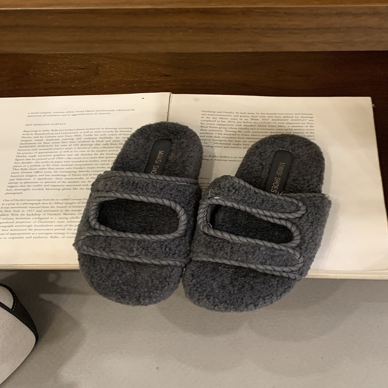 2025年韩版秋冬新款时尚百搭加绒勃肯鞋女外穿保暖一字露趾棉拖鞋