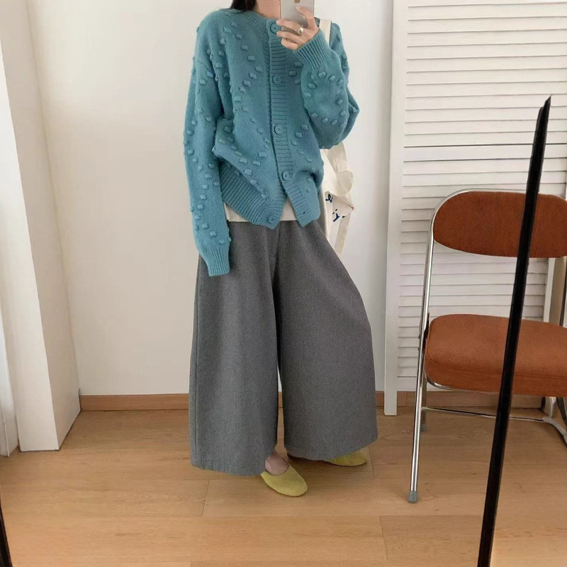 慵懒风纯色鼓包设计感高级感针织开衫女秋冬季宽松别致毛衣外套|undefined