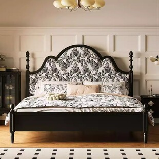 French Retro Black 1.8 m Double Bed Master Bedroom Full Solid Wood American Bed Simple Fabric Soft Bag Antique Bed