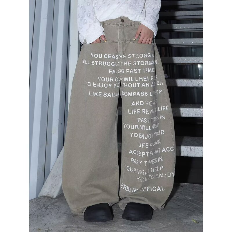 Fashion Trendy Super Draped Letter Printed Denim Women's 2025 Spring Straight Gradient Jeans New Style