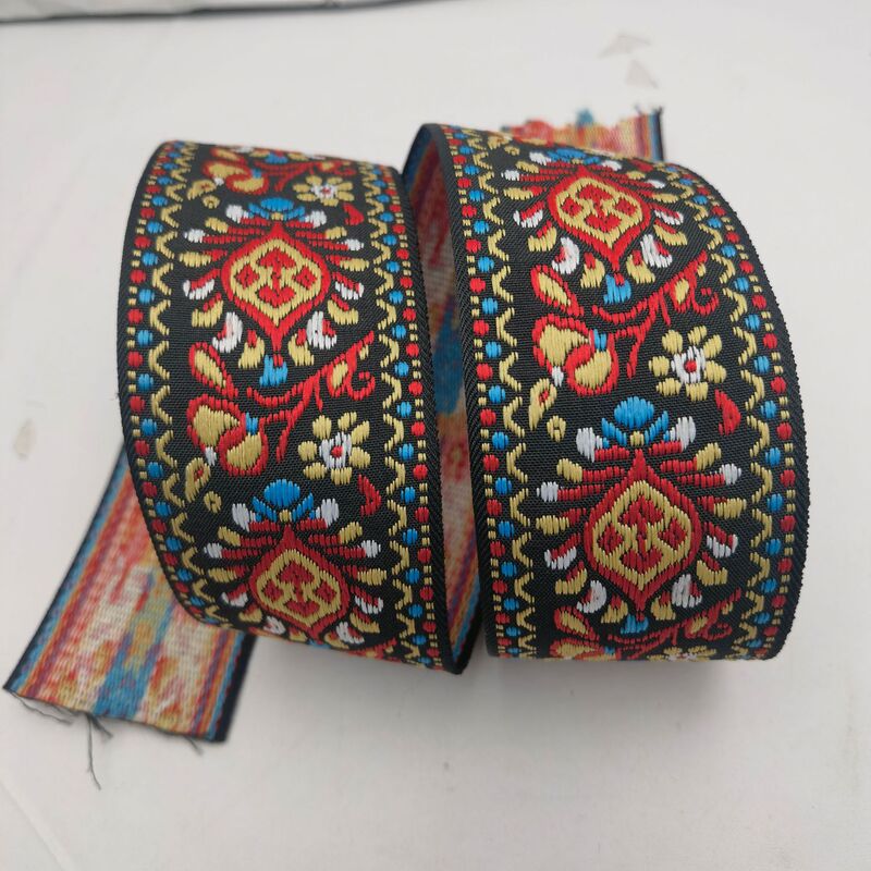 Polyester Plain Weave 1.1mm Thick Decorative Floral Pattern Jacquard Webbing 5cm Wide Red Embroidered Garment and Bag Strap