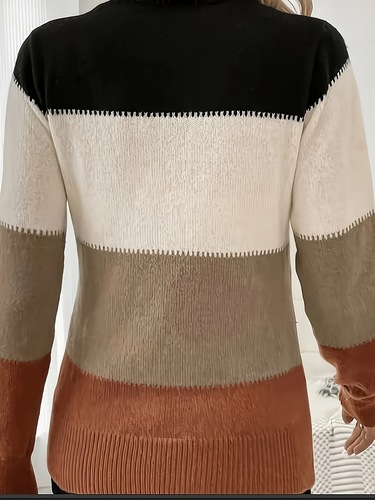 Women's Elegant Color Block Round Neck Long Sleeve Sweater
