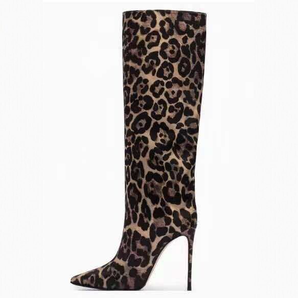 European and American Style Leopard Print Knee-High Boots for Women, Pointed Toe, Thin Heel, High Boots, Fashionable and Sexy, New Autumn and Winter Style