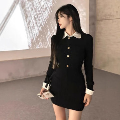 リッチガールの高級長袖ドレス女性用2025秋新作ウエスト痩身ヒップカバーショートスカート