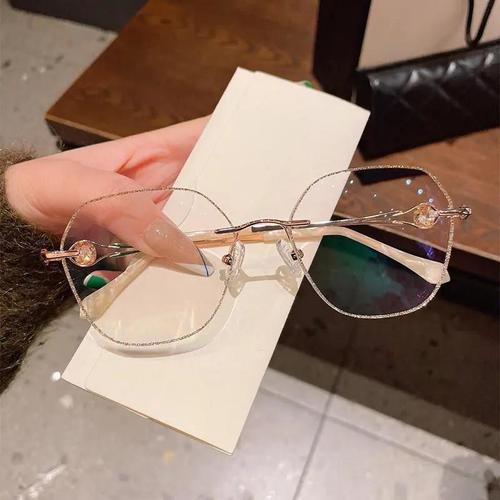 New champagne gold frameless polygonal anti-blue light women's presbyopic myopia fashion flat mirror with diamond metal temples