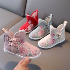 Women's High-Top Embroidered Shoes for Autumn/Winter, Retro Children's Hanfu Shoes, Baby Warmth Chinese Style Fabric Shoes, Princess Shoes