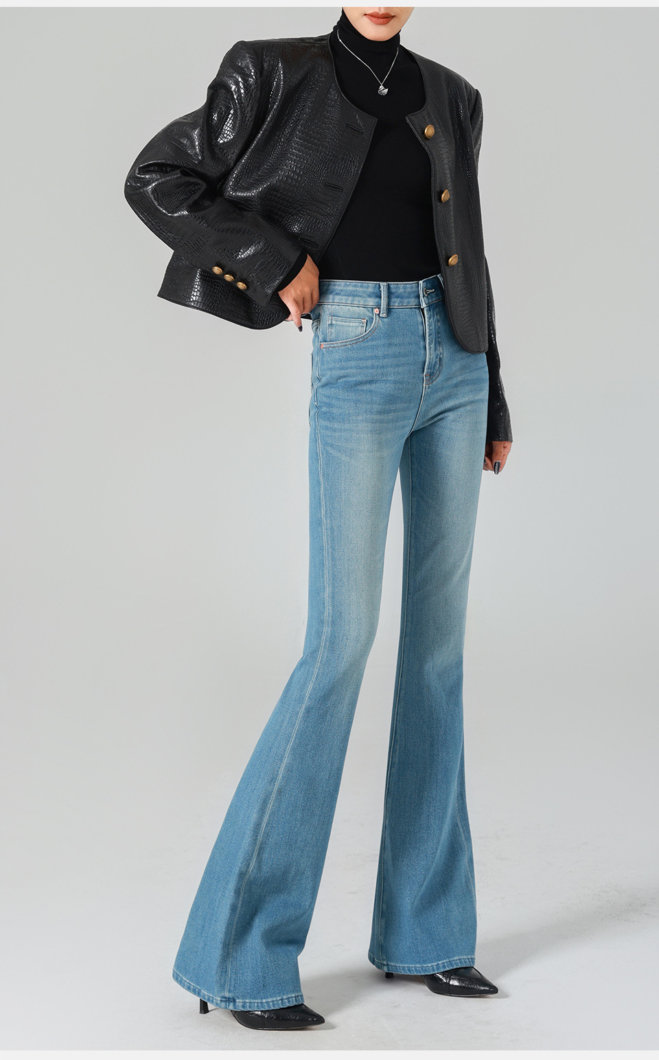 Retro High Waist Micro-horn Jeans Women's Jeans Versatile Four-season Color Four-sided Elastic Tight Body Hip Lift_ecoleips.com