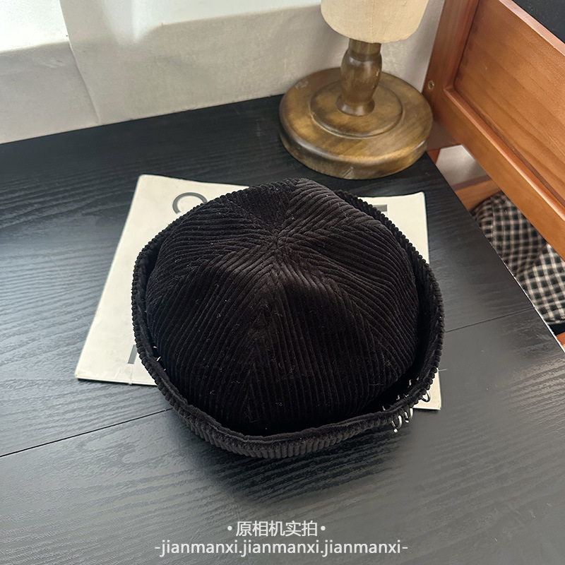 金属小圈装饰可两戴翻檐圆顶后开叉黑色灯芯绒Y2K辣妹盆帽渔夫帽|undefined
