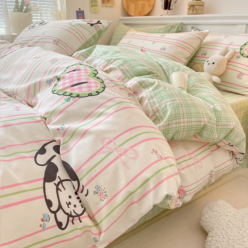 Juego de cama de algodón puro de cuatro piezas 2025 nuevo estilo algodón pequeño sábana fresca funda de edredón sábana ropa de cama de tres piezas