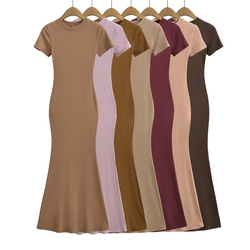 Small Round Neck Short Sleeve Threaded Cotton Elastic Tight dress Body-Slimming Solid Color Hip Skirt Extra Long Skirt All-Match Small Round Neck Short Sleeve Threaded Cotton Elastic Tight dress Body-Slimming Solid Color Hip Skirt Extra Long Skirt All-Match