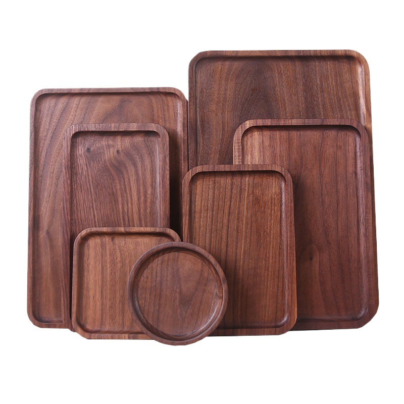 Bandeja de plato de madera nogal negro rectangular comida occidental fruta pizza plato de madera bandeja de madera maciza sin pintar