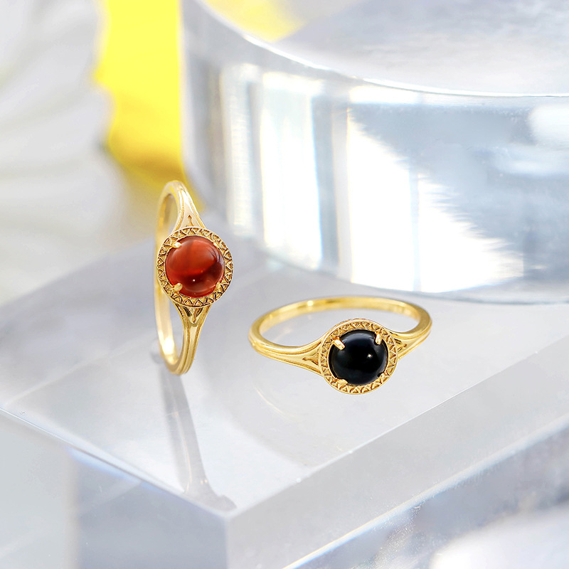 日本复古珠宝套装 aget*22冬季新品圆形雕花石榴石戒指黑玛瑙吊坠