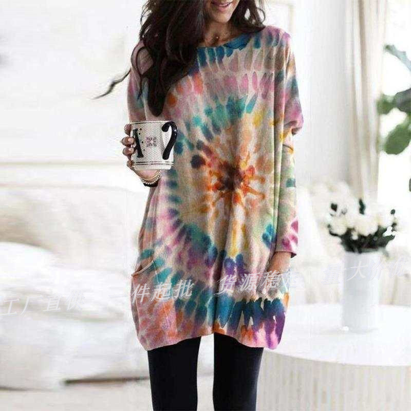 2025 Autumn and Winter New Amazon Wish European and American Cross-Border Women's Clothing Printed Spiral Bat Sleeve Sweatshirt Dress for Women