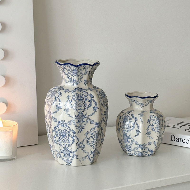 Nuevo jarrón de cerámica azul china nueva decoración de estilo chino sala de estar floral decoración de vestíbulo de estilo antiguo peonía floral