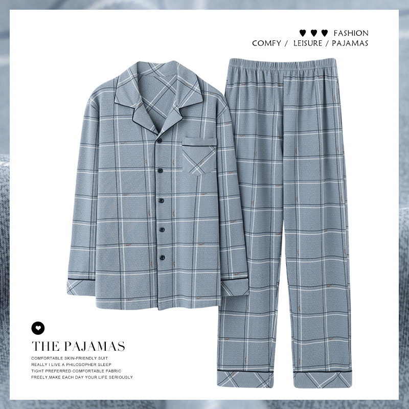 남자 잠옷 긴 소매 봄 및 가을 날 면화 간단한 느슨한 플러스 사이즈 청소년 남성 세트 외부 옷