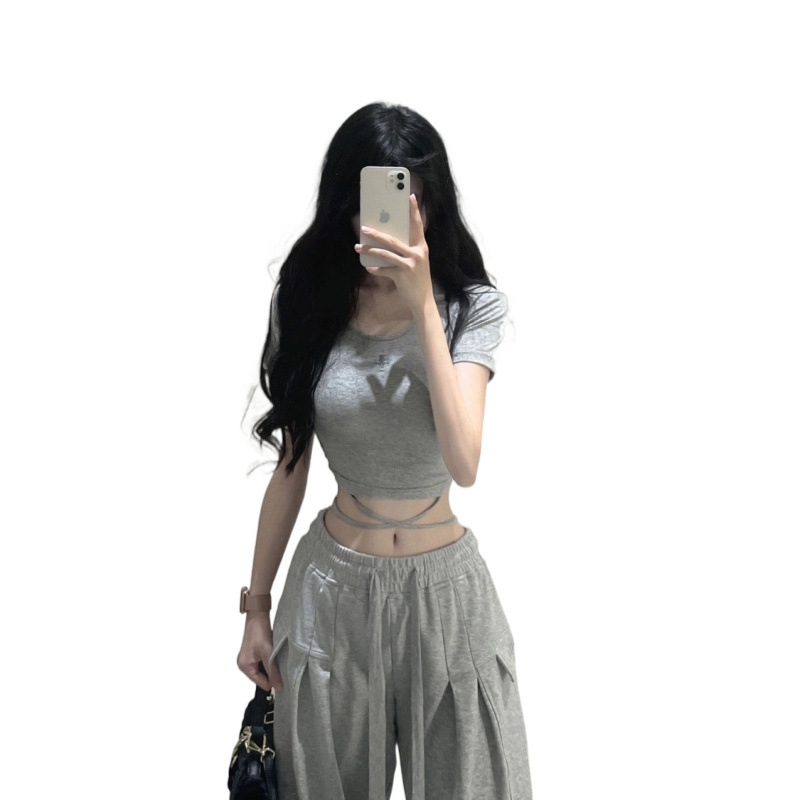 套装女2025夏季新款辣妹短款短袖T恤设计感上衣高腰显瘦阔腿裤ins|undefined