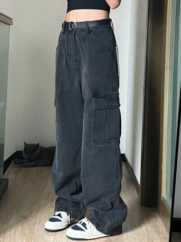 美式工装牛仔裤女秋季高腰2025年新款ins潮设计感小众阔腿拖地裤|undefined