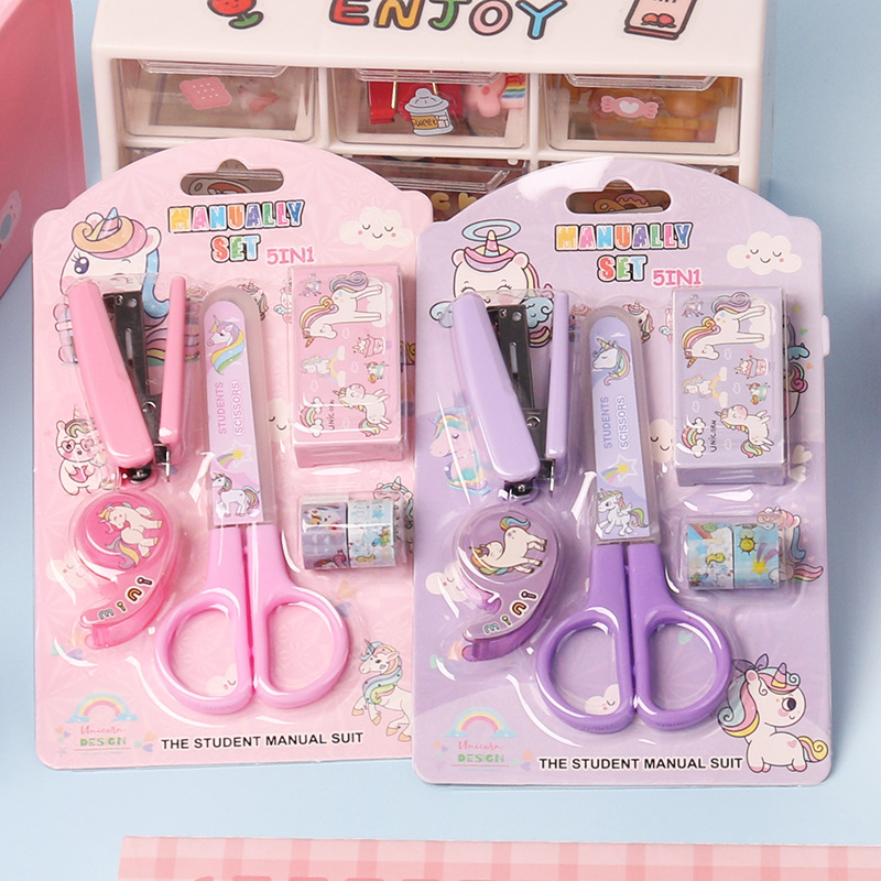 Set de grapadora de dibujos animados con tijeras y portacinta, colores pastel