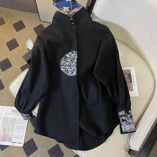 China style retro shirt and top for women 2025 autumn new style Chinese stand-up collar loose slimming medium and long shirt trend