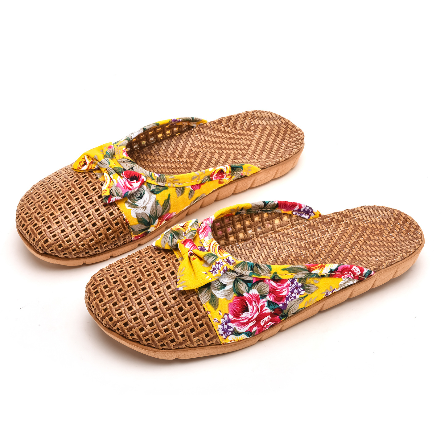 Pantofole estive da donna in lino intrecciato per interni, antiscivolo, con suola spessa, in rattan e paglia, per la casa._voghion.com