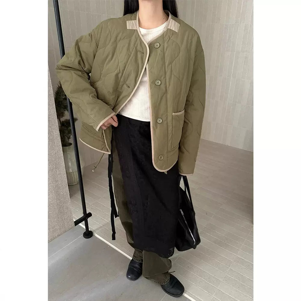 四媛轻盈保暖时髦撞色廓形绗缝棉服外套秋冬慵懒宽松圆领上衣7973