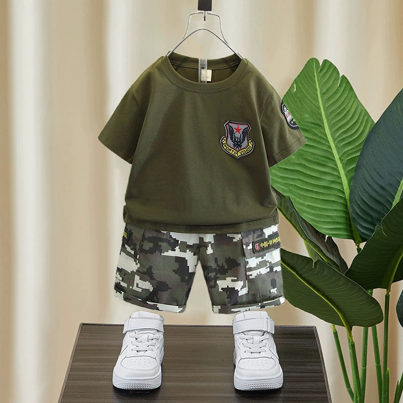 Детский camouflage летний комплект для мальчиков, летняя одежда, с коротким рукавом