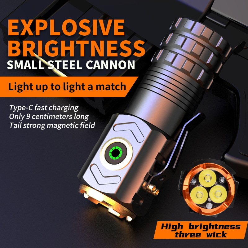 Tiktok linterna de luz fuerte Super brillante pequeña pistola de acero portátil de tres ojos monstruo bestia tres mecha Mini lámpara portátil